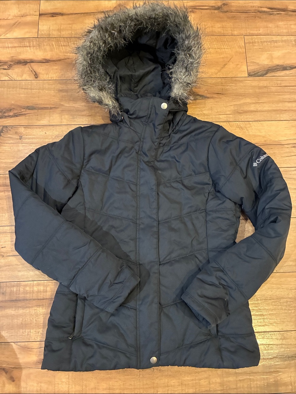 Columbia Women's Black Hooded Puffer Coat with Faux-Fur Trim